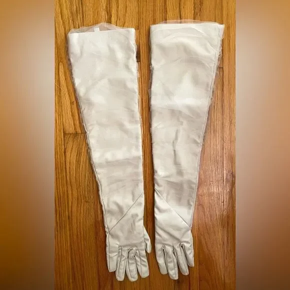 LaMarque Marilyn faux leather tulle gloves bone cream elbow length Revolve